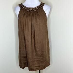 Alexandra Bartlett Linen Top Medium Brown Woven Lagenlook Pleated Minimalist